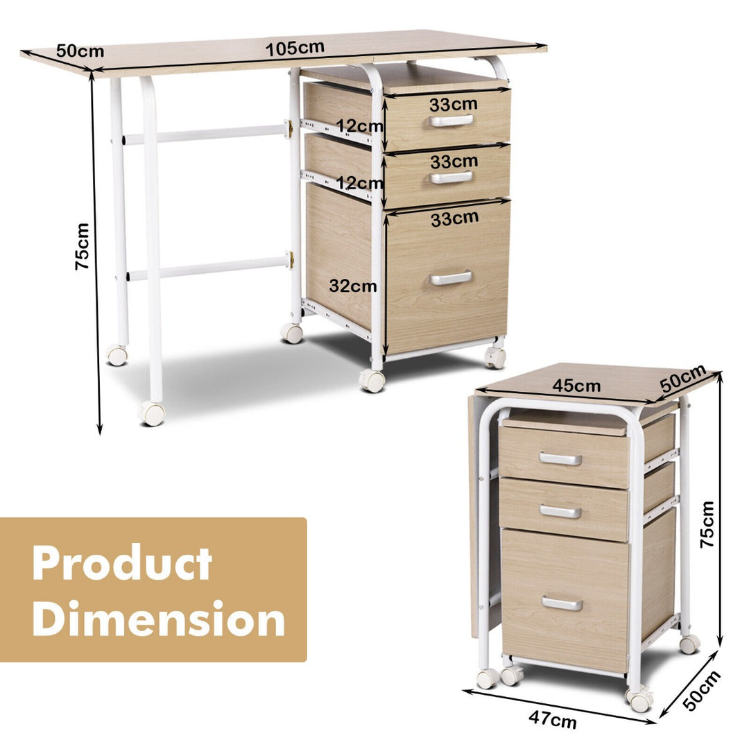 Folding Computer Desk with 3 Drawers-Natural