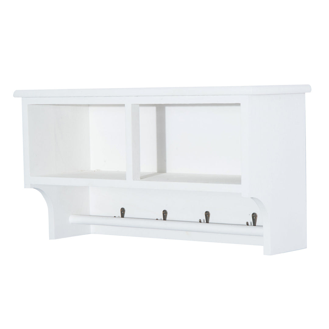 Entryway Coat Rack Wall Mounted Shelf w/Wicker Basket and Hooks (2 Baskets, White)