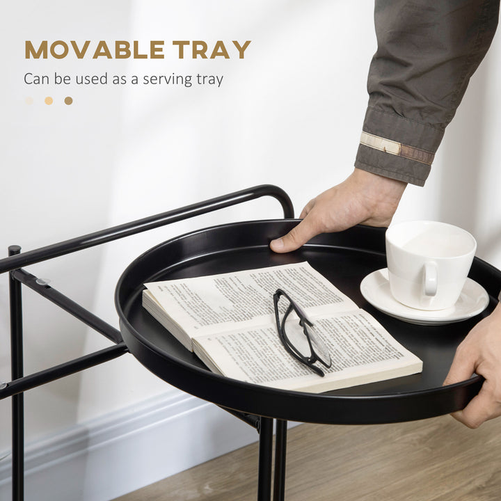 Round Side Table with Detachable Tray and Plastic Rattan Shelf, End Table with Steel Frame, Black
