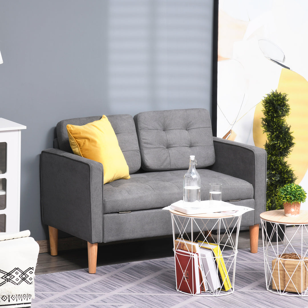 2 Seater Storage Sofa Compact Cotton Loveseat w/ Wood Legs Back Buttons Comfortable Padding Home Office Living Couch Furniture Grey