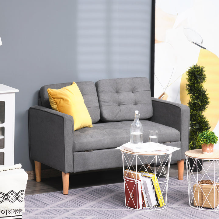 2 Seater Storage Sofa Compact Cotton Loveseat w/ Wood Legs Back Buttons Comfortable Padding Home Office Living Couch Furniture Grey