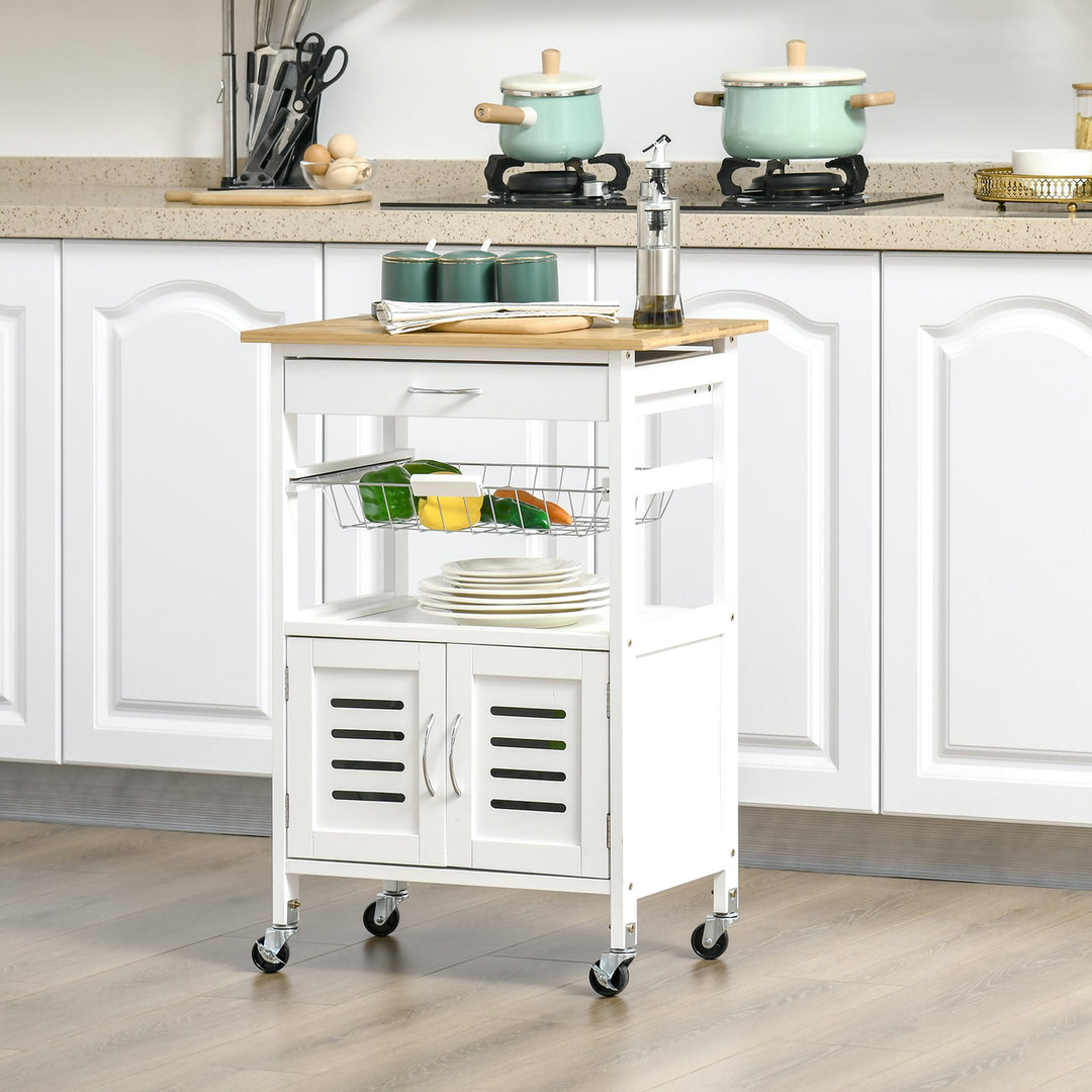 Rolling Kitchen Island Trolley Utility Cart on Wheels with Bamboo Table Top, Storage Cabinet, Drawer and Wire Basket - White