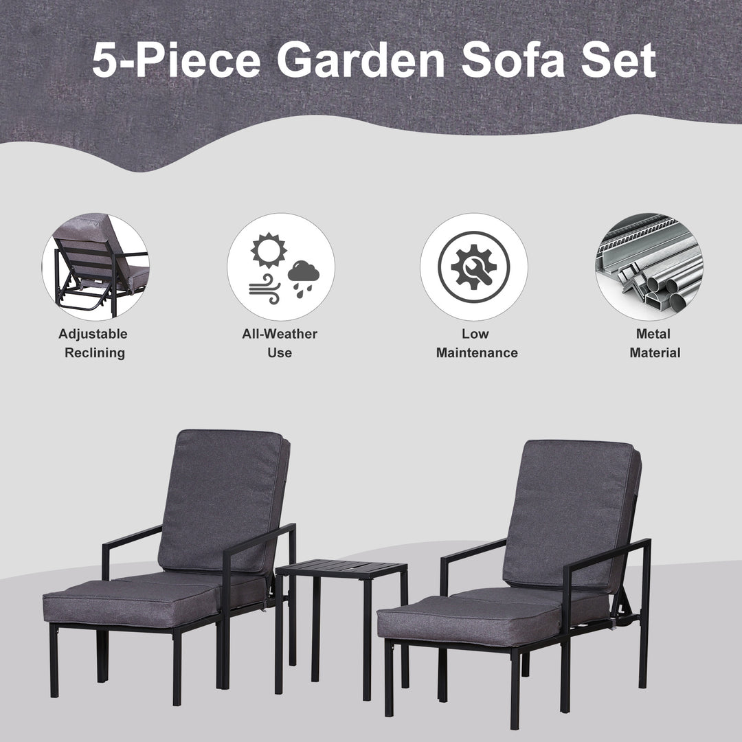 Outsunny Garden Patio Sun Lounger Outdoor Lounger 5 pcs Set Reclining Chair &amp; Coffee Table Footstools Metal Frame Patio Lounger with Cushions