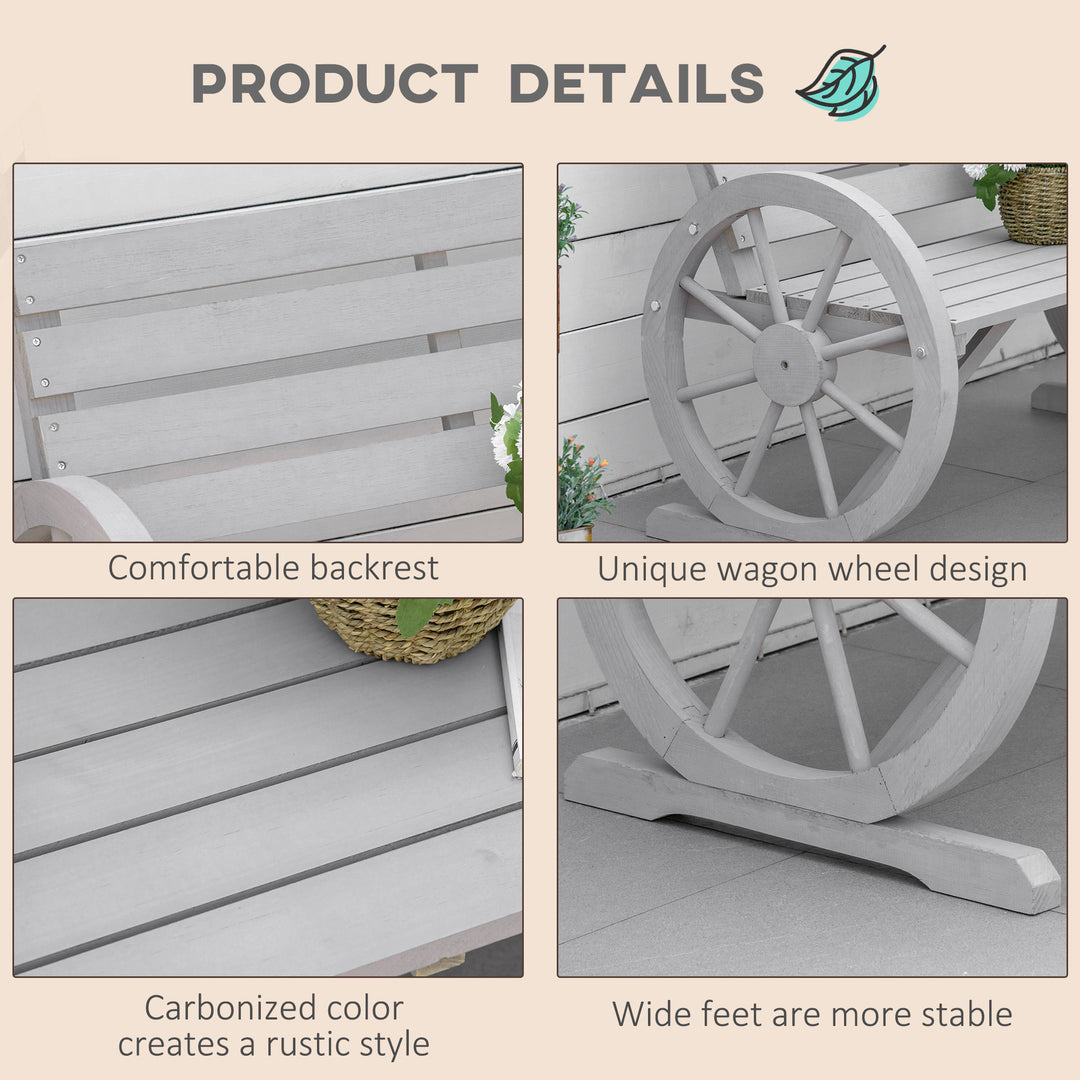 Outsunny 2 Seater Garden Bench Outdoor Garden Armrest Chair with Wooden Cart Wagon Wheel Rustic High Back Grey