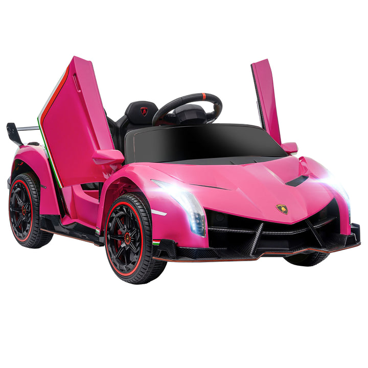 Lamborghini Veneno Licensed 12V Kids Electric Ride on Car with Butterfly Doors, Portable Battery, Powered Electric Car with Bluetooth, Remote, Music, Horn, Suspension, for 3-6 Years - Pink