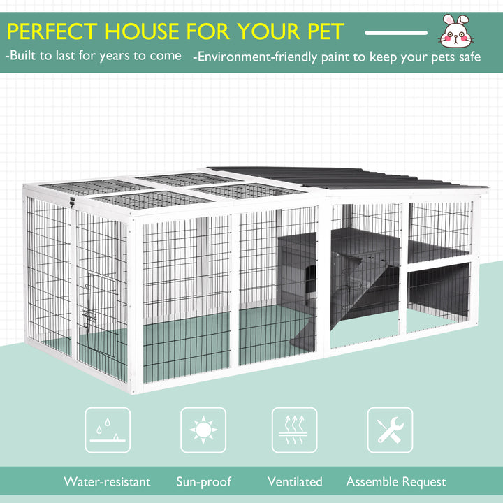 PawHut Indoor Outdoor Wooden Rabbit Hutch Small Animal Cage Rabbit Run Cover, with Hinge roof and Water-repellent Paint, Grey