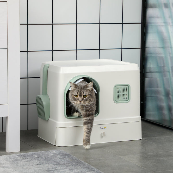 Cat Litter Box with Drawer Pan, Hooded Cat Litter Tray with Scoop, Deodorants, Front Entrance, 50 x 40 x 40 cm, White