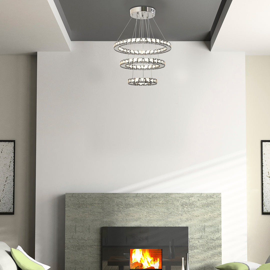 Modern LED Chandelier with 3 Crystal Rings, Dimmable Pendent Ceiling Light Cool Warm White with Adjustable Cable Remote Controller, Silver