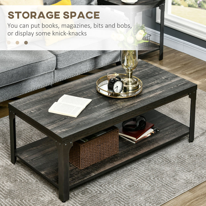 HOMCOM Rustic Coffee Table with Storage Shelf, Cocktail Table with Steel Frame and Thickened Top for Living Room, Dark Walnut