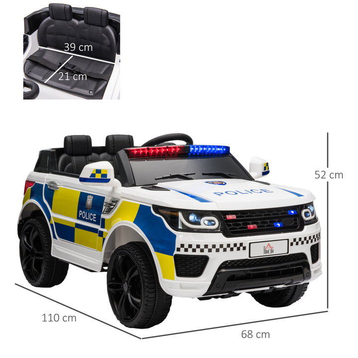 12V Kids Portable Electric Ride On Police Car with Parental Remote Control Siren Flashing Lights USB Bluetooth for 3-6 Years White