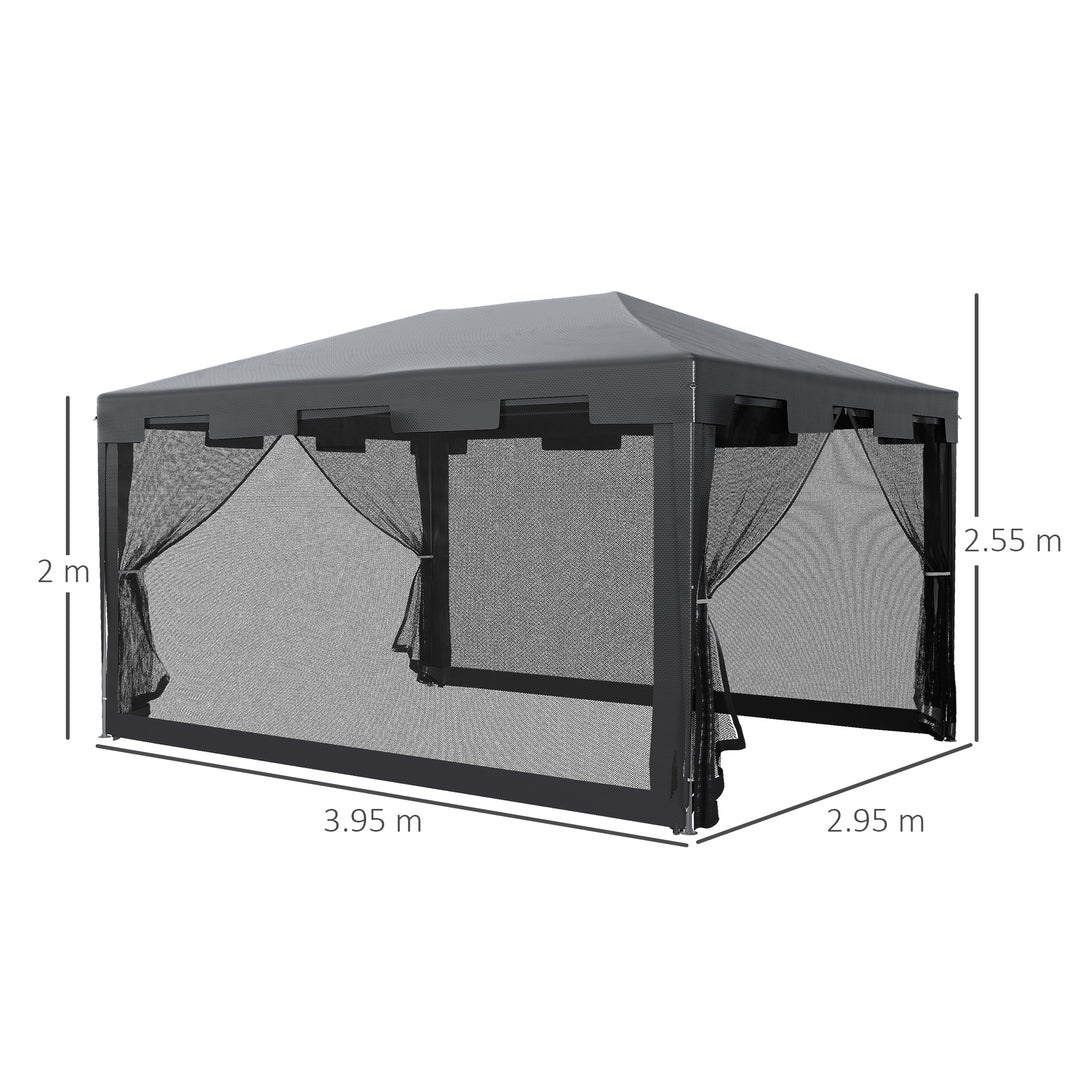 Outsunny 4 m x 3 m Gazebo Party Tent Outdoor Canopy Garden Sun Shade w/ Mesh Sidewalls, Dark Grey