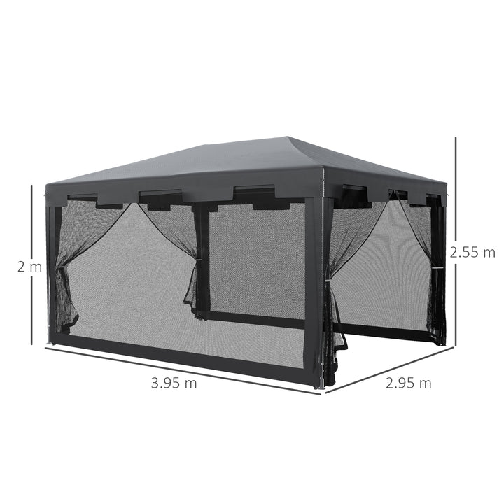 Outsunny 4 m x 3 m Gazebo Party Tent Outdoor Canopy Garden Sun Shade w/ Mesh Sidewalls, Dark Grey