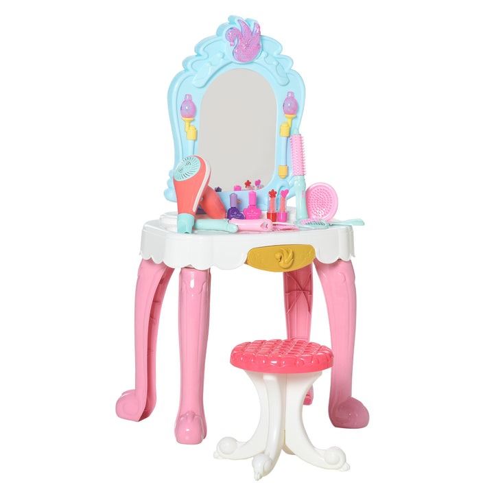 20 PCS Kids Dressing Table Set, Children Vanity Make Up Desk, Musical Pretend Toy, with Beauty Kit, Mirror, Stool, for 3-6 Years Old, Pink