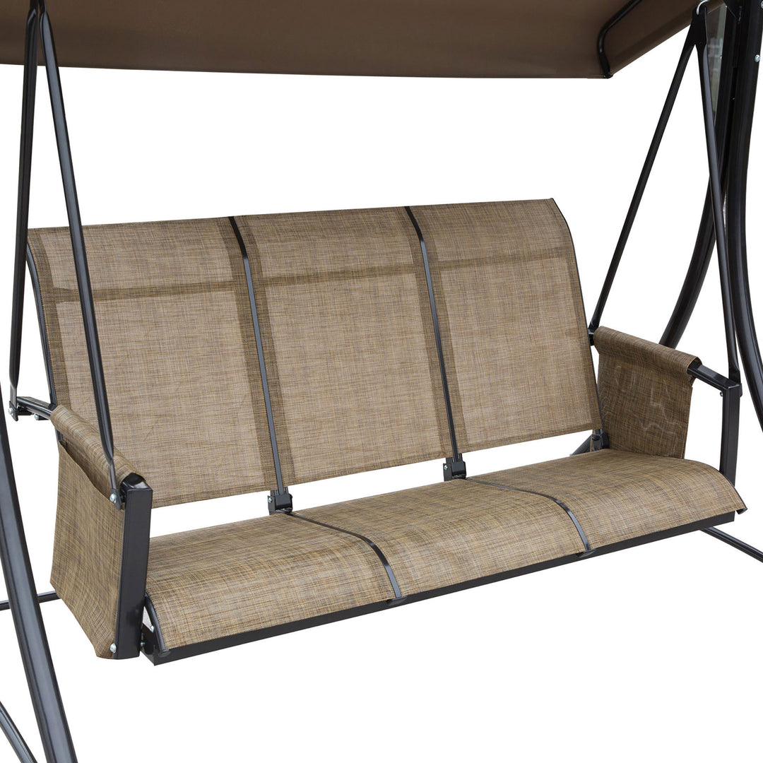 Outsunny 3 Person Outdoor Patio Porch Swing Chair with High Back Design, Side Pouches and Adjustable Canopy, Brown