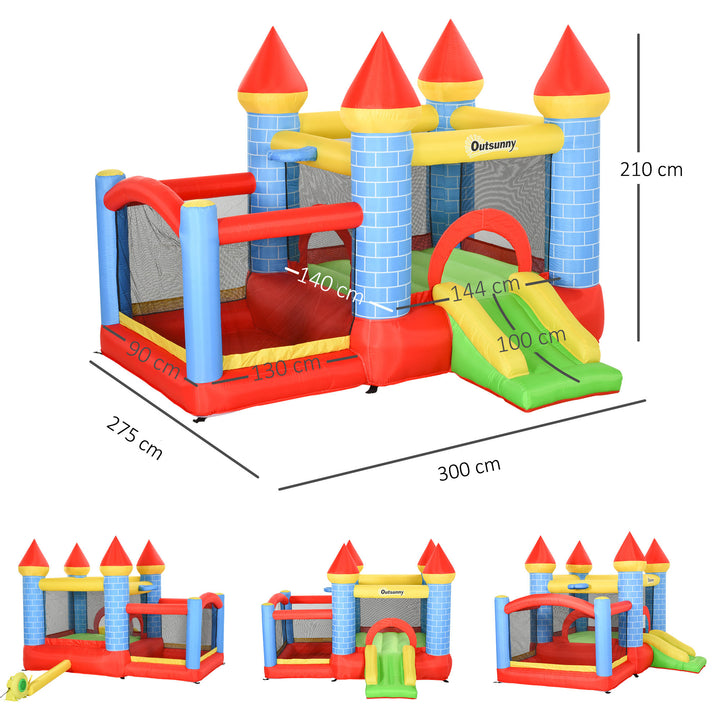 Outsunny Kids Bounce Castle House Inflatable Trampoline Slide Water Pool Basket 4 in 1 with Inflator for Kids Age 3-10 Castle Design 3 x 2.75 x 2.1m