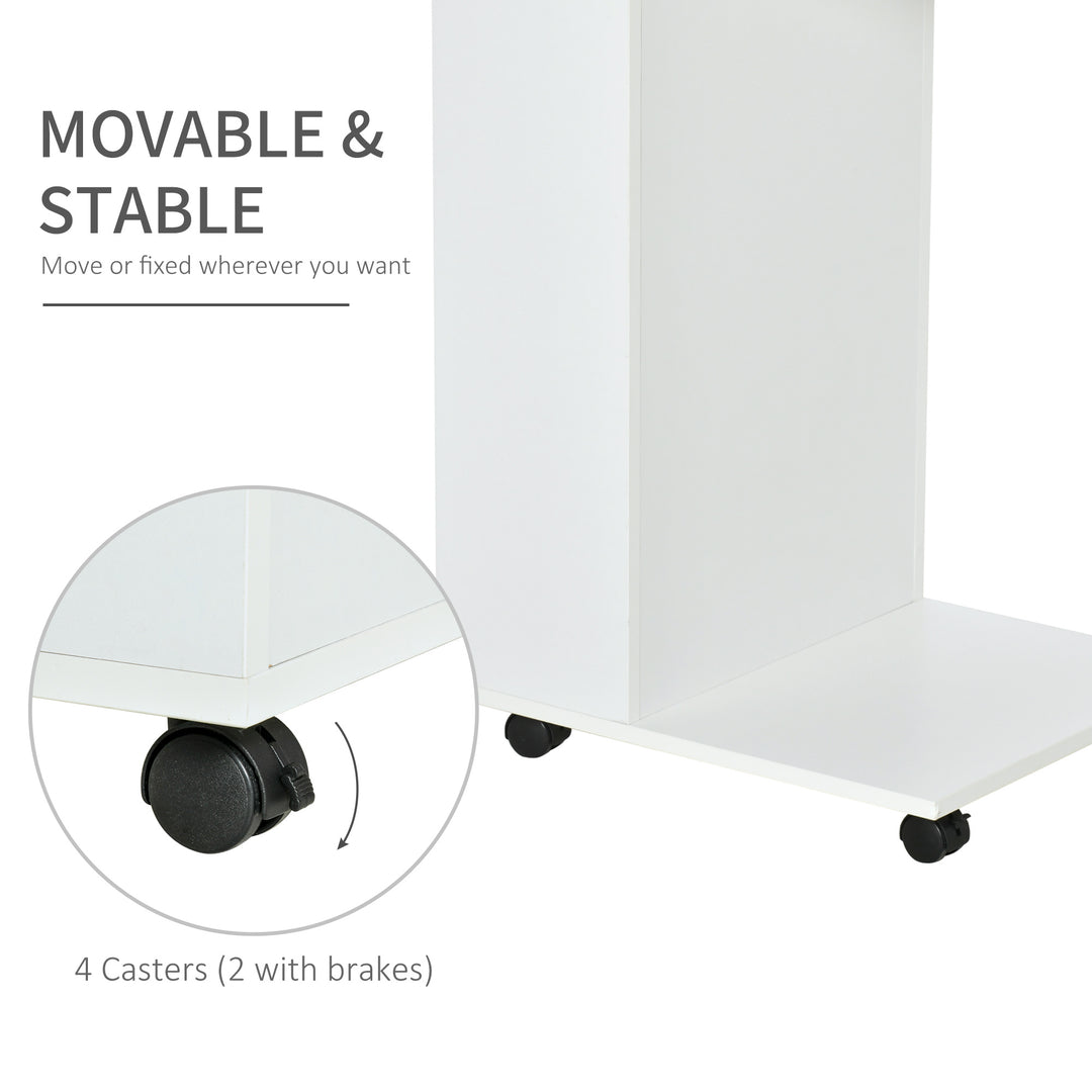 Mobile Sofa Side Table C-Shape End Table with Storage and Casters for Laptop Coffee Snack, White