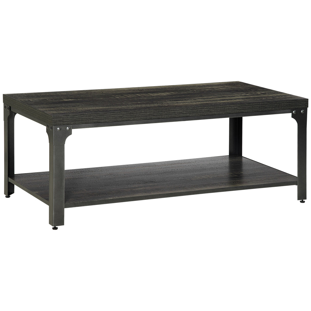 HOMCOM Rustic Coffee Table with Storage Shelf, Cocktail Table with Steel Frame and Thickened Top for Living Room, Dark Walnut
