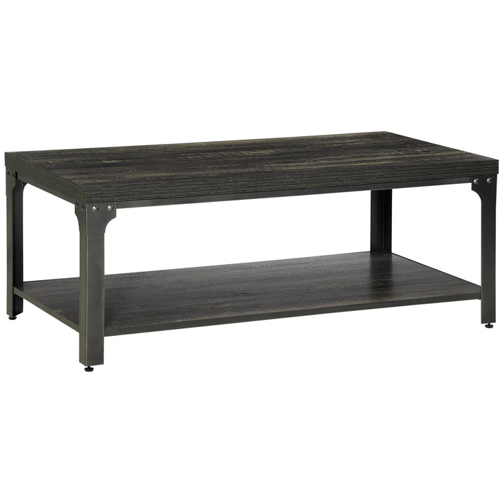HOMCOM Rustic Coffee Table with Storage Shelf, Cocktail Table with Steel Frame and Thickened Top for Living Room, Dark Walnut