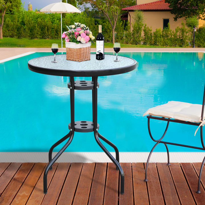 60×70H cm Round Metal Table, Garden Table Tempered Glass-Black