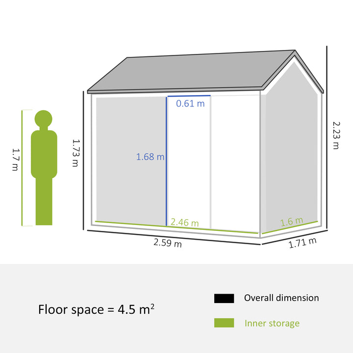 8 x 6 ft Metal Garden Storage Shed Patio Corrugated Roof Tool Storage Box w/ Double Door Window Sloped Roof, Grey