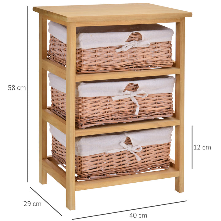 3 Drawer Dresser Wicker Basket Storage Shelf Unit Wooden Frame Home Organisation Cabinet Bedroom Office Furniture Natural Finish 58x40cm