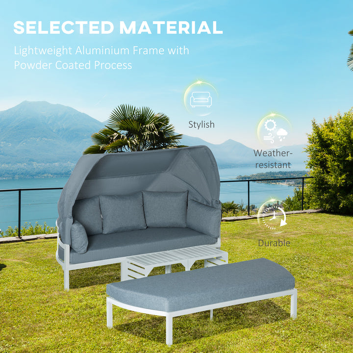 4 Pieces Outdoor Garden Sofa Set, Aluminum Patio Lounge Bed Furniture Set, with Canopy, Padded Cushions &amp; Side Tables, White