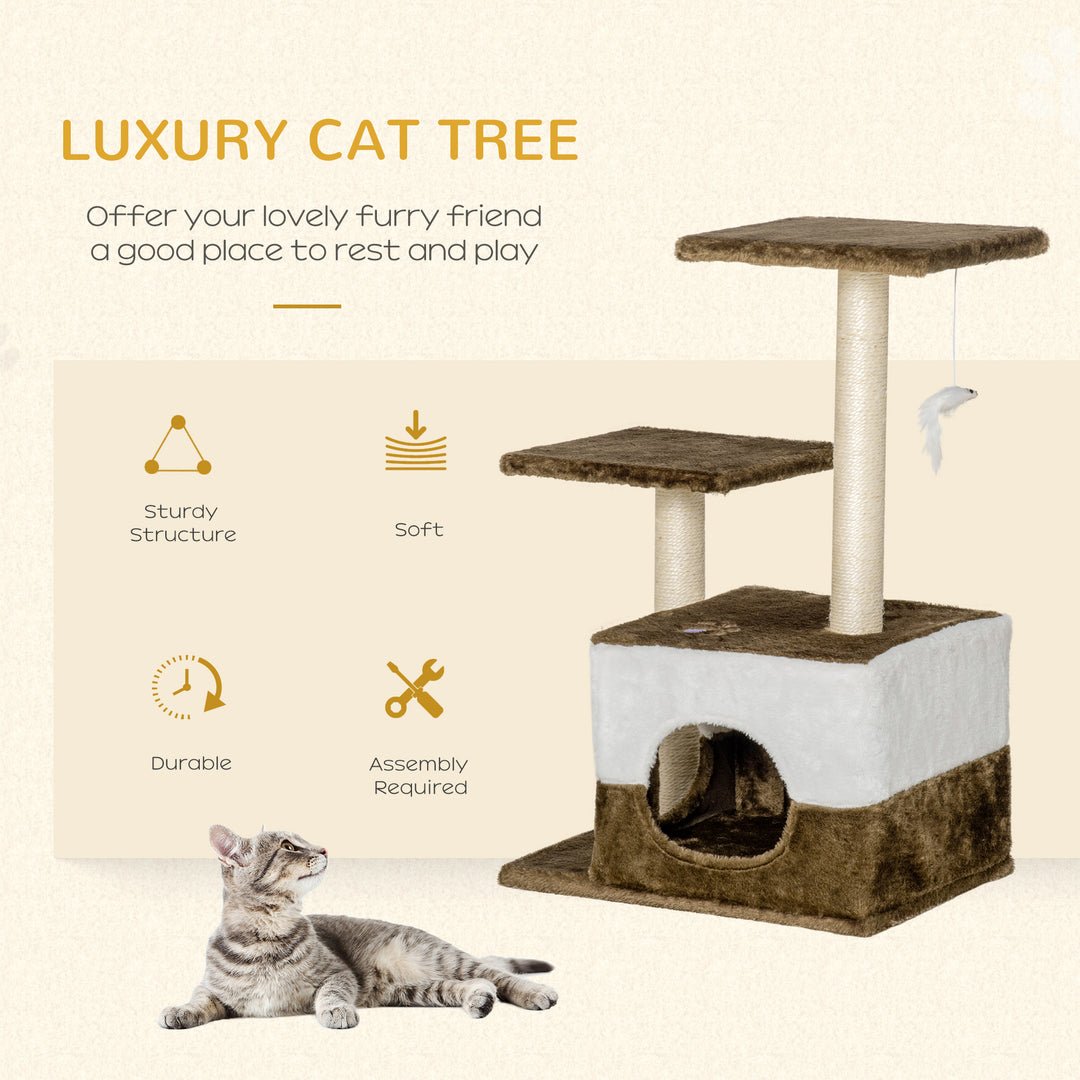 Cat Tree Tower Kitten House Scratching Posts with Condo Perch Interactive Mouse Toy, 45 x 33 x 70 cm, Brown