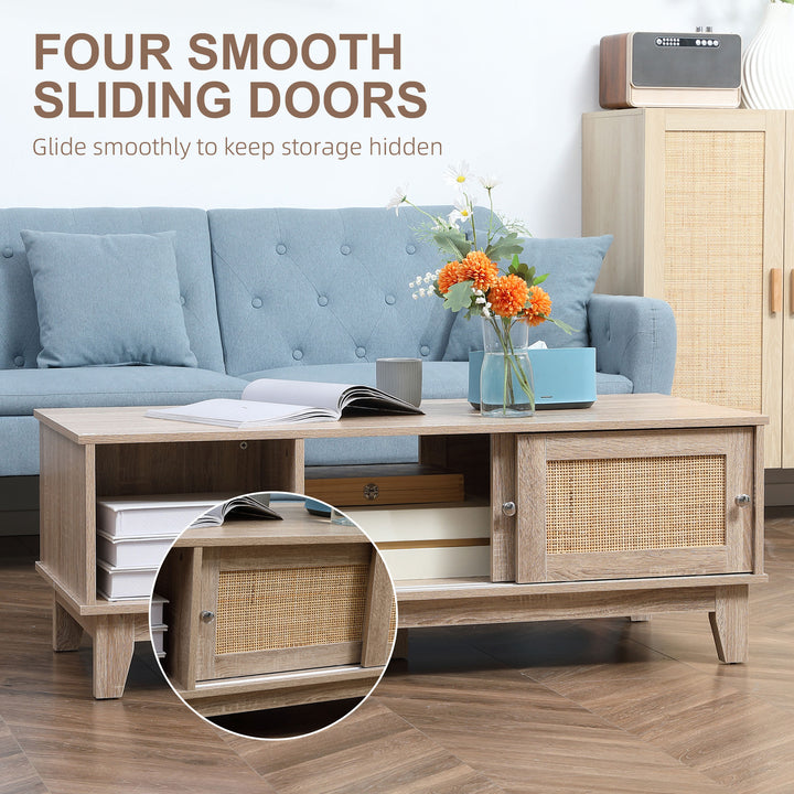 Coffee Table with Storage, Tea Table with Sliding Doors and Natural Woven Rattan for Living Room, Office, Study Room, Reception Room