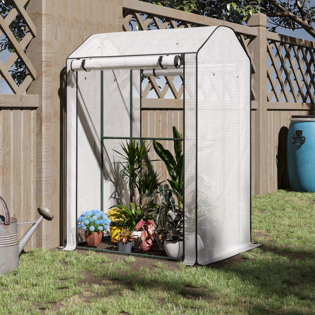 Outsunny Mini Greenhouse with Shelves Portable Garden Grow House for Plants with Roll Up Door and Vents, 100 x 80 x 150cm, White
