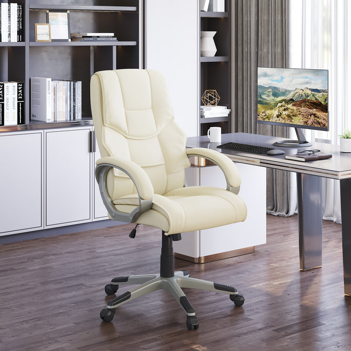 Computer Office Swivel Chair Desk Chair High Back PU Leather Height Adjustable w/ Rocking Function (Cream)
