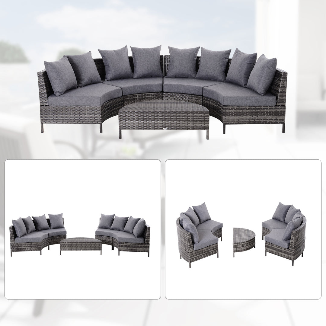 Outsunny Rattan Garden Furniture 4 Seaters Half-round Patio Outdoor Sofa & Table Set Wicker Weave Conservatory Cushioned Seat with Pillow - Grey