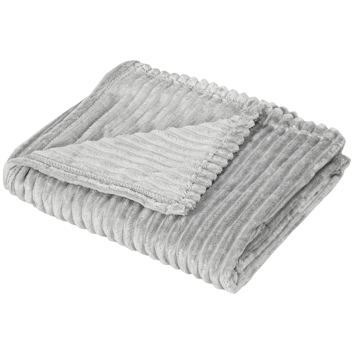 Flannel Fleece Throw Blanket, Fluffy Warm Throw Blanket, Striped Reversible Travel Bedspread, Double Size, 203 x 153cm, Grey