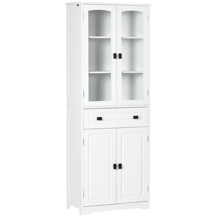 Kitchen Cupboard, Freestanding Storage Cabinet with 2 Adjustable Shelves, Drawer and Glass Door for Living Room, Dining Room, 160cm, White