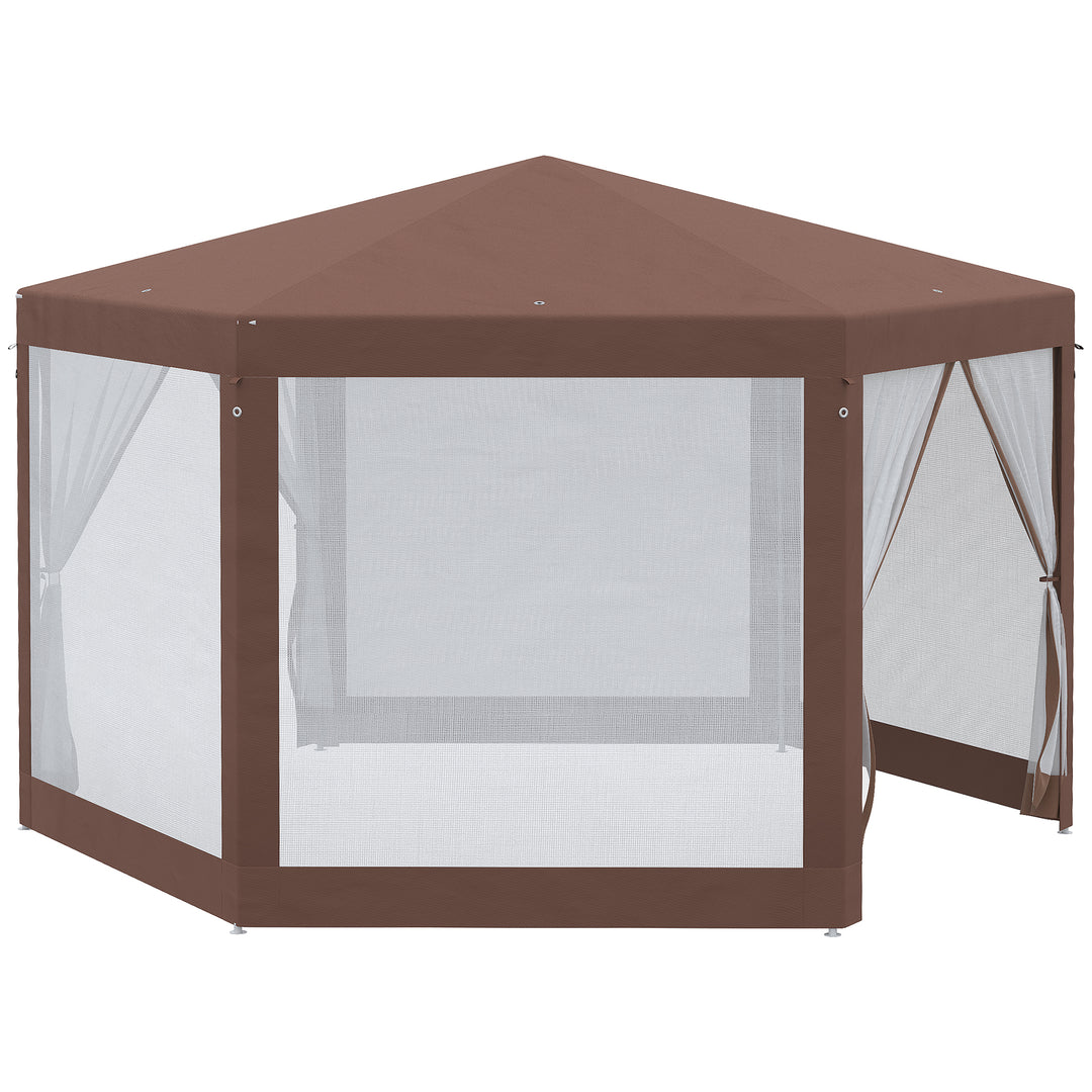 Hexagonal Garden Gazebo Patio Party Outdoor Canopy Tent Sun Shelter with Mosquito Netting and Zipped Door, Brown