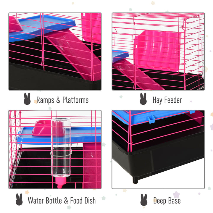PawHut Dwarf Hamster Metal Cage w/ Tunnels Water Bottle Food Dish Pink