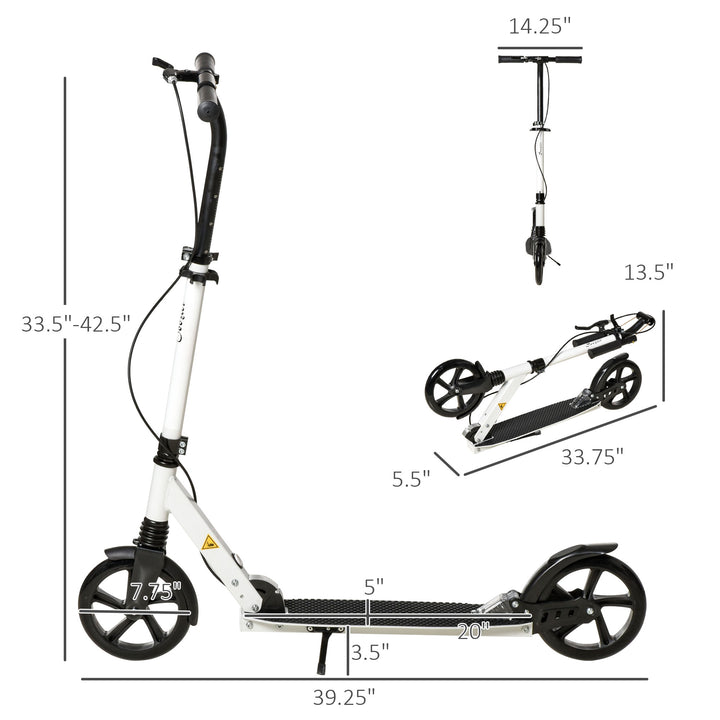 One-click Folding Kick Scooter for 14+ w/ Adjustable Handlebar, Push Scooter with Kickstand, Dual Brake System, Shock Absorber, White