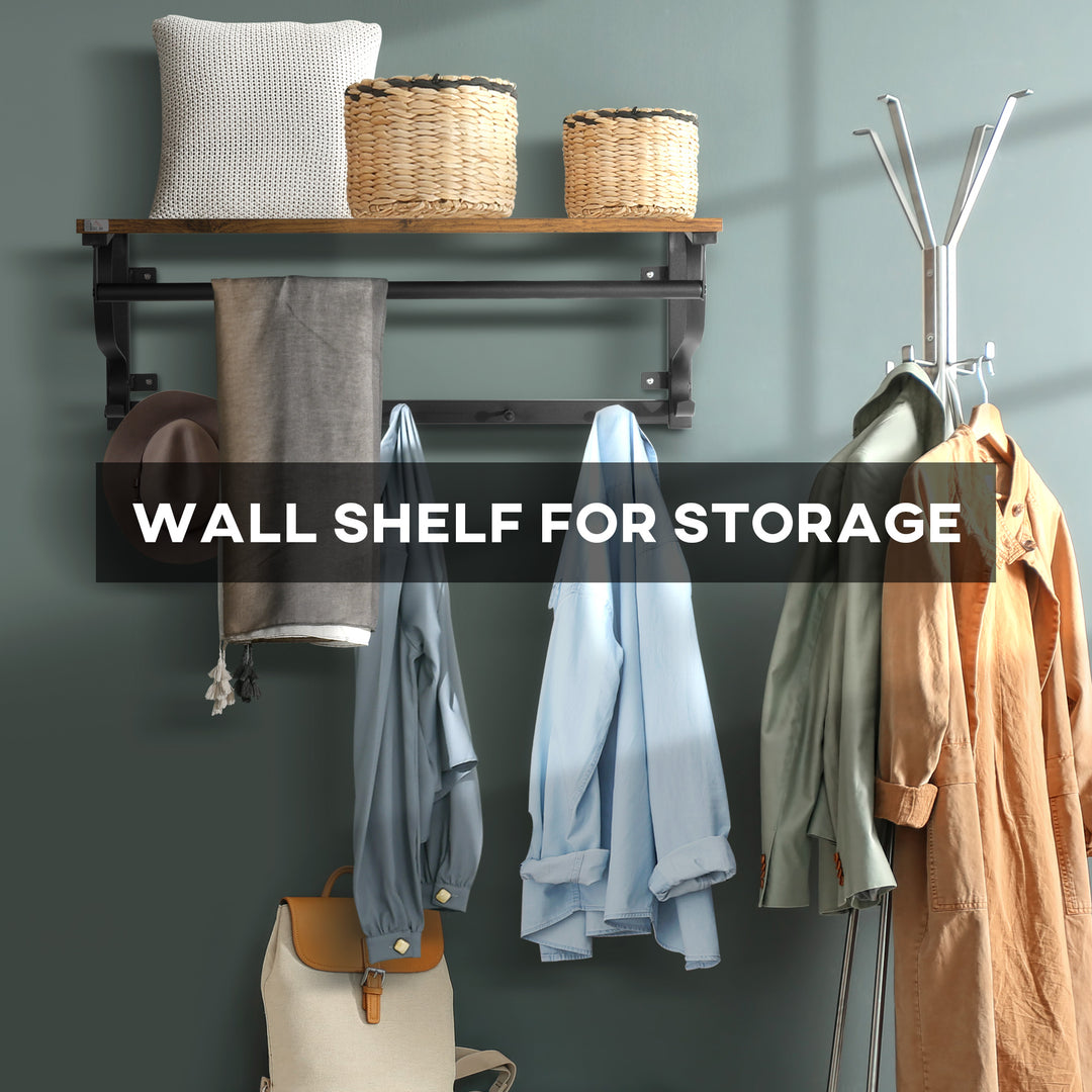Floating Shelf with Hooks and Hanging Rod, Wall Mounted Shelf - Brown