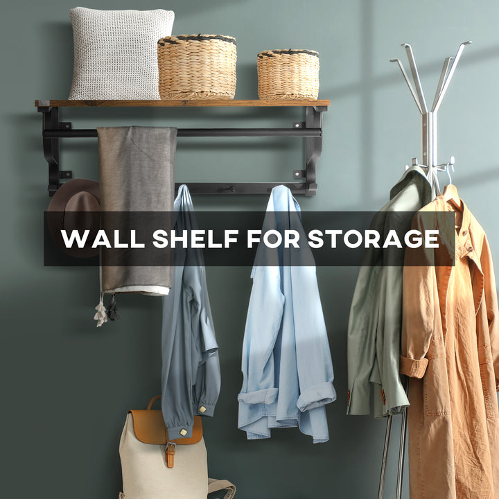 Floating Shelf with Hooks and Hanging Rod, Wall Mounted Shelf - Brown