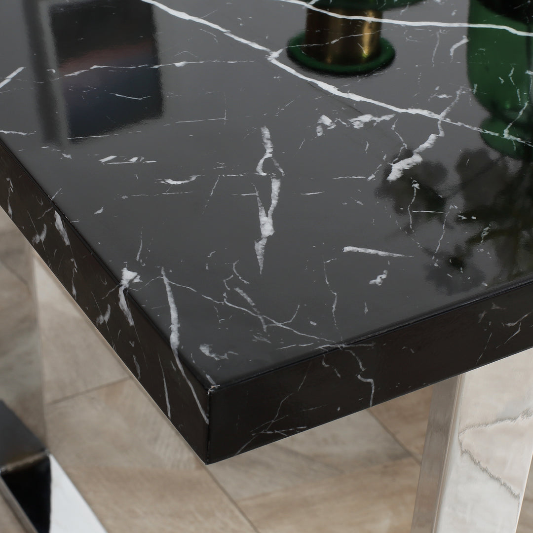 Modern Dining Room Table Rectangular Kitchen Table for 6-8 People with Marble Effect Tabletop Steel Legs 155 cm Black