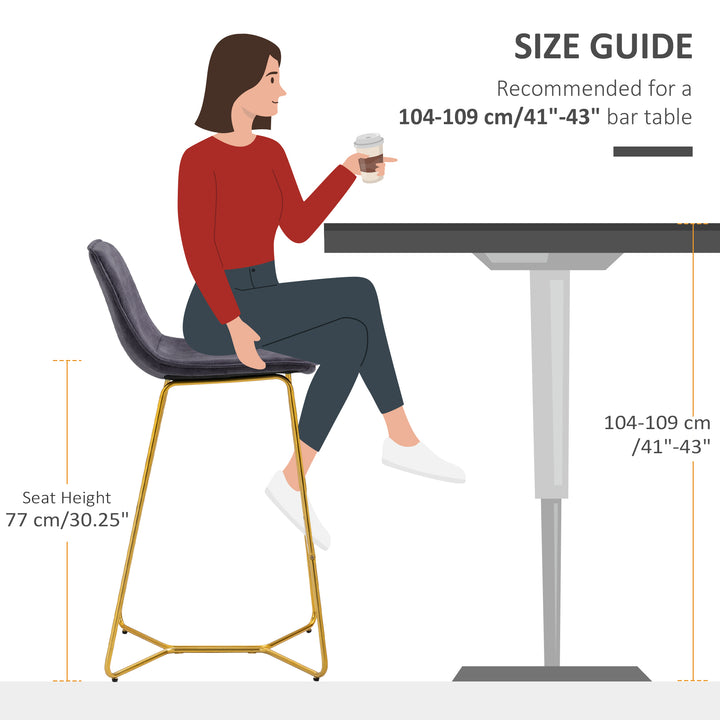 Bar Stools, Set of 2, Velvet-Touch Fabric Breakfast Bar Chairs with Footrest, Tall Kitchen Stools &amp; Gold-Tone Metal Legs for Dining Area, Grey