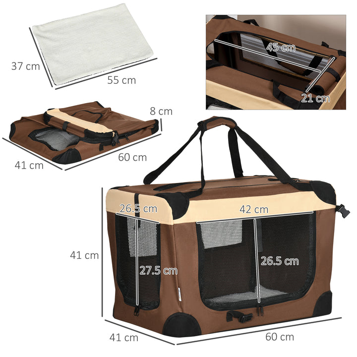 PawHut 60cm Pet Carrier, Foldable Dog Bag, Portable Cat Carrier, Pet Travel Bag with Cushion for Miniature Dogs, Brown