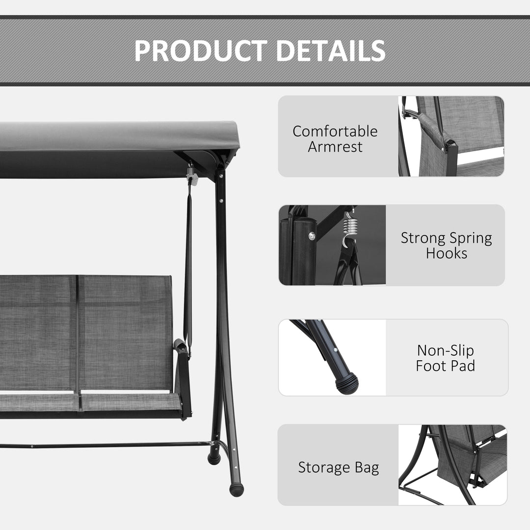 Outsunny 3 Person Outdoor Patio Porch Swing Chair with High Back Design, Side Pouches and Adjustable Canopy, Charcoal Grey