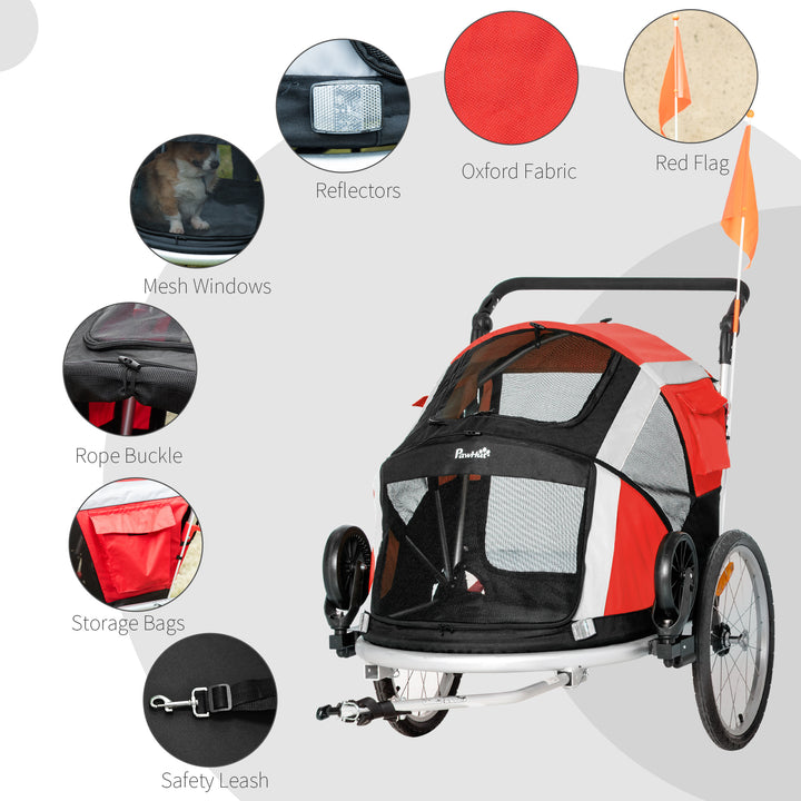 Dog Bike Trailer, Two-In-One Foldable Pet Bike Trailer w/ Safety Leash, Flag, for Small Cats, Puppies, Camping, Hiking - Red