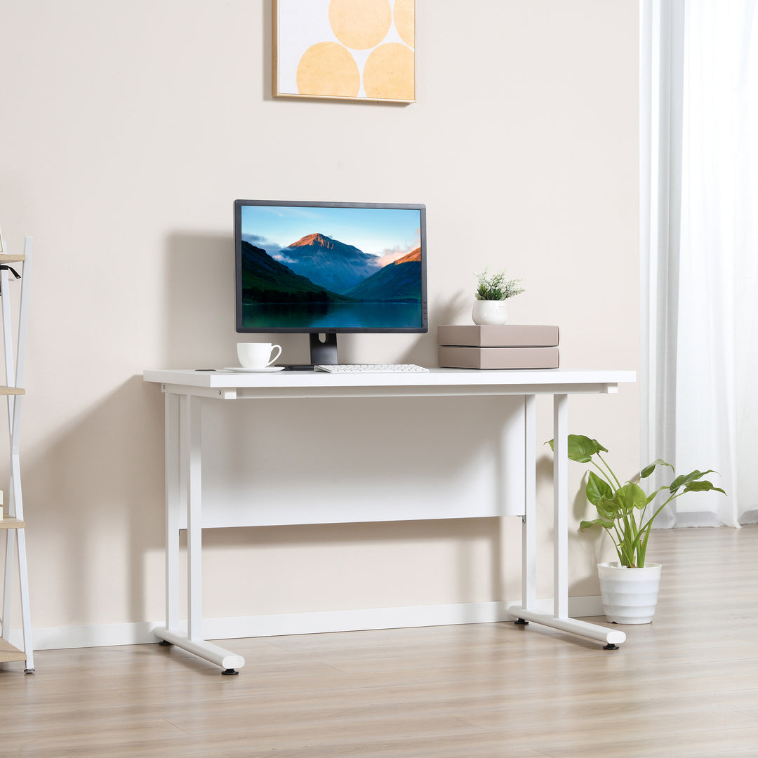 Computer Desk, Home Office Desk, Writing Table, 120x60x75cm Laptop Workstation with 2 Cable Management Holes, C Shaped Metal Legs, White
