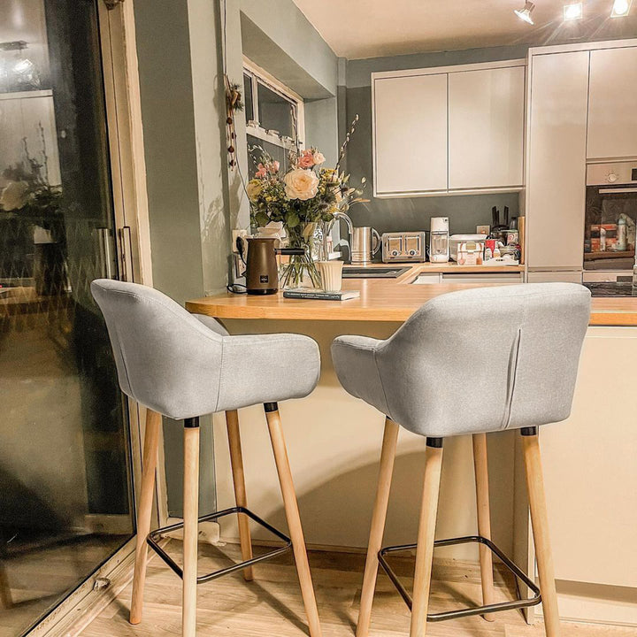 Set of 2  Bar Stools Modern Upholstered Seat Bar Chairs w/ Metal Frame, Solid Wood Legs Living Room Dining Room Fabric Furniture - Beige