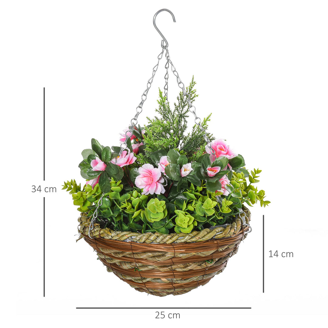 Outsunny Set of 2 Artificial Plant Lisianthus Flowers Hanging Planter with Basket for Indoor Outdoor Decoration