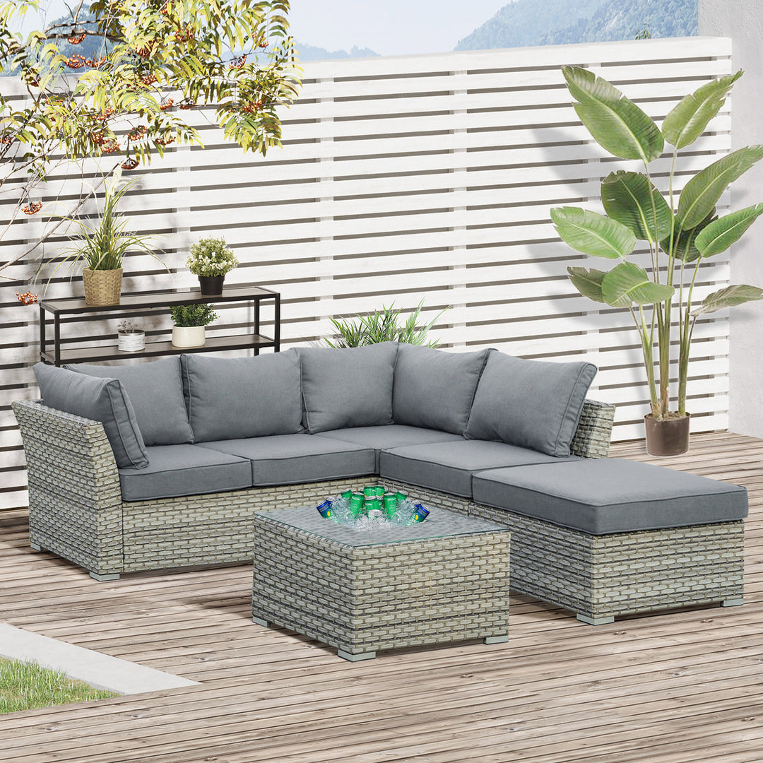 Outsunny 5-Seater PE Rattan Sofa Set Patio Corner Sofa Wicker Sectional Conversation Aluminum Frame Furniture Set w/ Padded Cushion, Light Grey