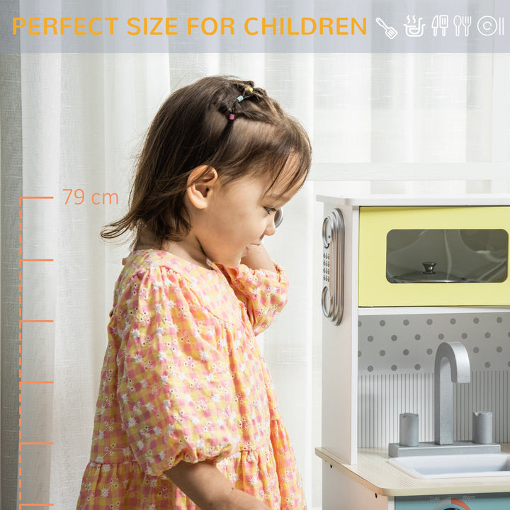 HOMCOM Kids Kitchen Play Cooking Toy Set, Children Educational Pretend Role Playset, Multiple Storage, with Sink, Telephone, Pots, Nature Wood