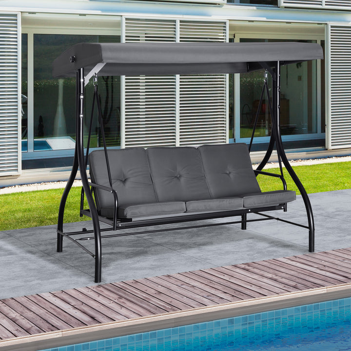 3 Seater Canopy Swing Chair Porch Hammock Heavy Duty 2 in 1 Garden Bench Lounger Bed with Metal Frame - Dark Grey