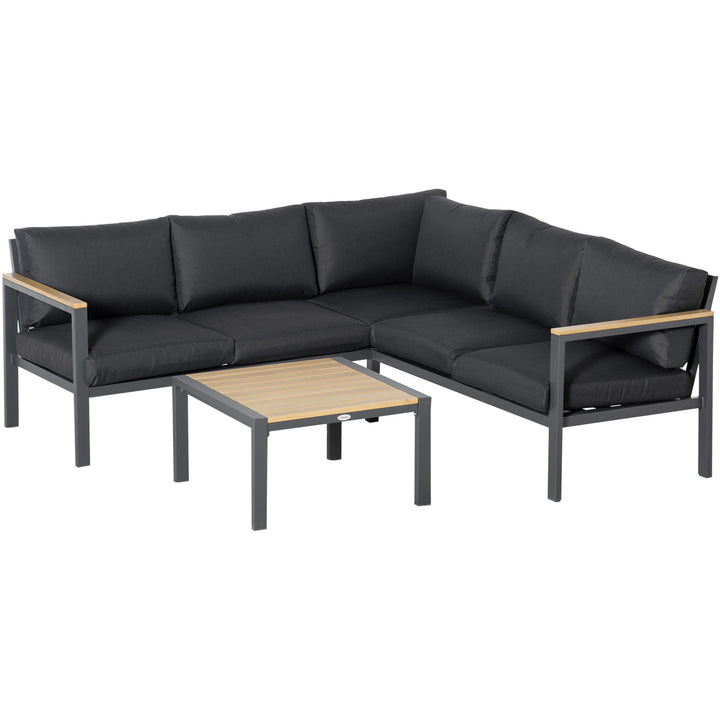 5 Seater L Shape Aluminium Garden Furniture Corner Sofa Set with Coffee Table, Outdoor Conversation Furniture Set w/ Cushions, Dark Grey